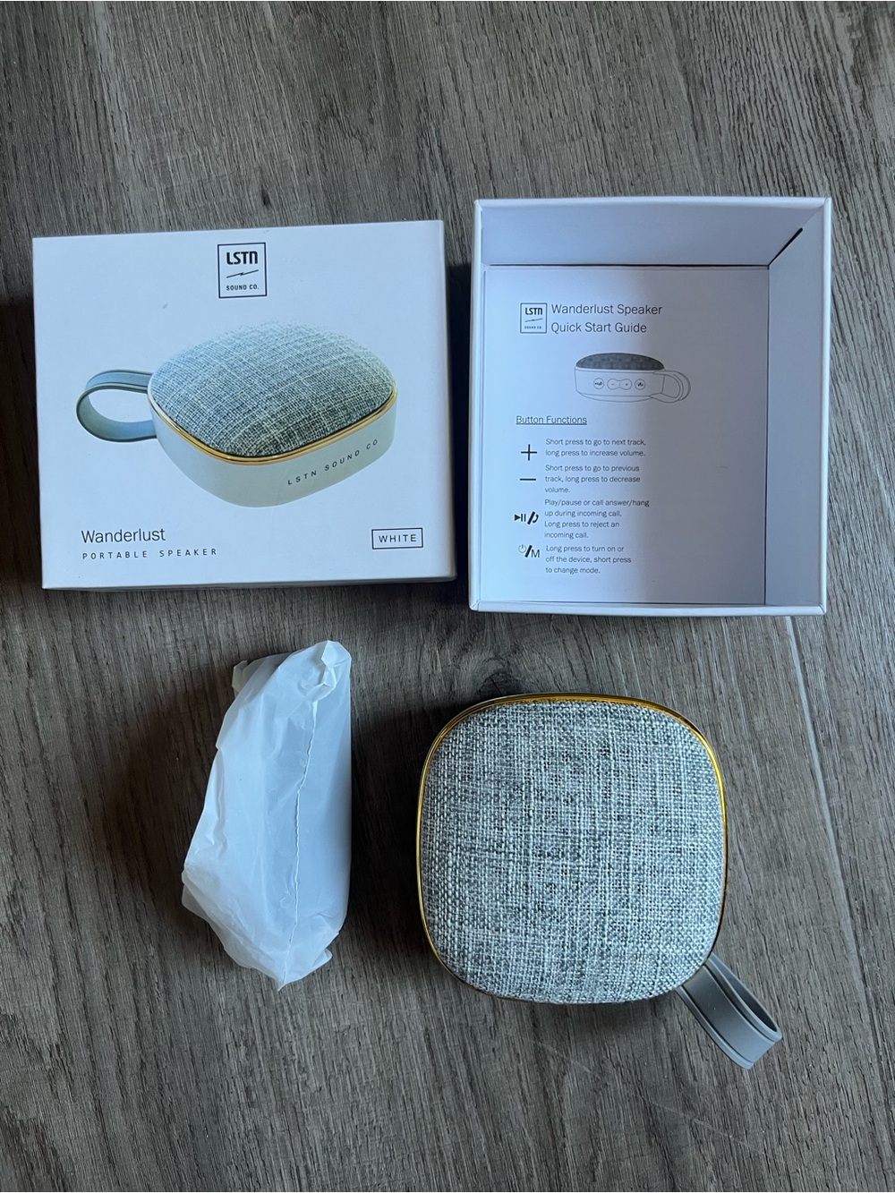 LSTN Wanderlust Portable Speaker - White with Gray Fabric and Gold Trim - Picture 2 of 4